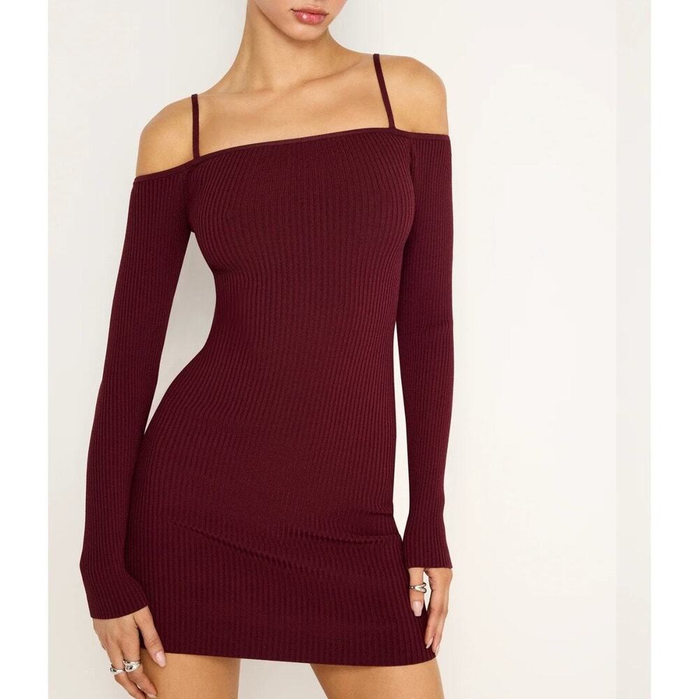 NWT Good American 3XL Oxblood Red Rib Knit Cold Shoulder Long Sleeve Mini Dress